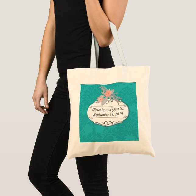Bolsa Tote Casamento tema damasco de Chartreuse Turquoise Mod (Frente (produto))