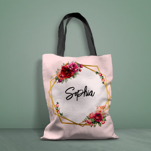 Bolsa Tote Casamento vermelho-quic, floral e dourado falso