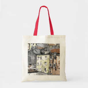 BOLSA TOTE CASAS AMARELAS E DE TINTA NA FOTOGRAFIA DE LISBOA