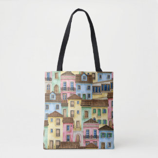 Bolsa Tote Casas de Lisboa: Padrão Funicular de Aquarela.