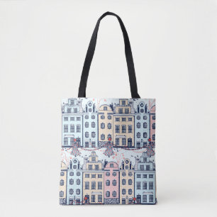 Bolsa Tote Casas de Natal, padrão festivo vintage.