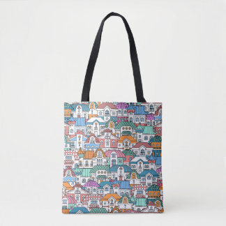 Bolsa Tote Casas Desenhadas À Mão: Padrão Vintage Colorido