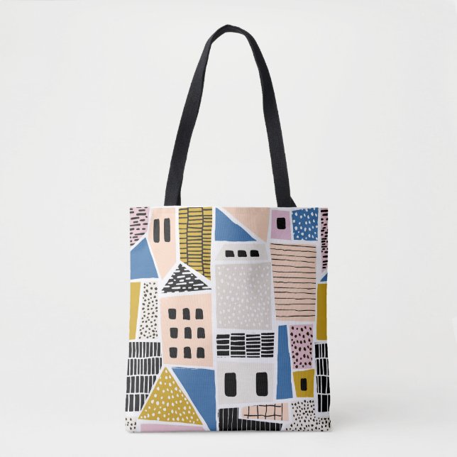 Bolsa Tote Casas Desenhadas Mão Abstrato (Frente)