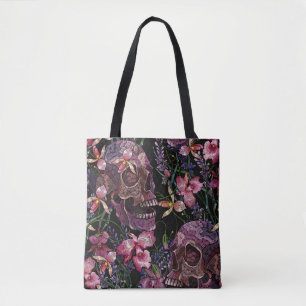 Bolsa Tote Casca humana bordados e flores cor-de-rosa-orquíde
