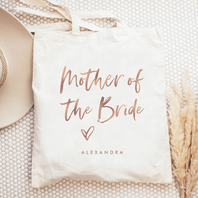 Bolsa Tote Casual Script | Mãe Dourada de Rosa chic da noiva (A modern faux rose gold look tote bag with casual script that says "mother of the bride" and a heart)