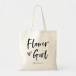 Bolsa Tote Casual Script | Presente De Menina Simples Chic<br><div class="desc">Esta bolsa de presente de festas de na moda e chic bridal apresenta uma tipografia moderna, casual, de guião preta que diz "Flower Girl", e um coração rabiscado por tendências, com seu nome em texto simples e ousado. O perfeito presente de casamento elegante para toda a sua festa de casamento....</div>