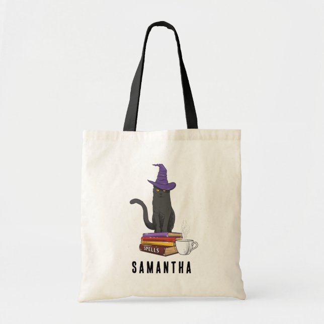 Bolsa Tote Cat Books Potion and Spells Halloween Personalizad (Frente)