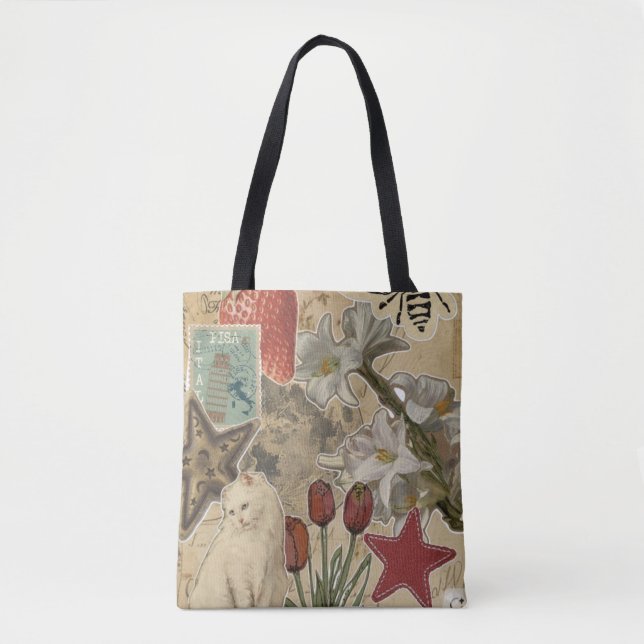 Bolsa Tote Cat Floral Collage Pattern – Cute Artistic Design (Frente)