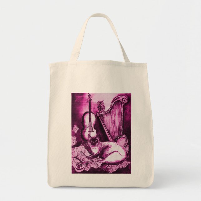 Bolsa Tote CAT MUSICAL, Fúchsia Rosa Púrpura e Branca (Frente)
