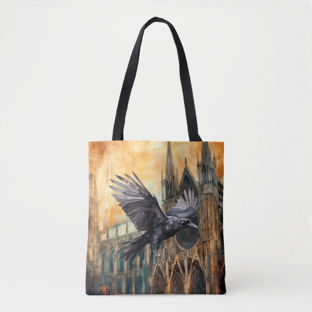 Bolsa Tote Catedral Gótica Medieval e Raven Voadora (Frente)