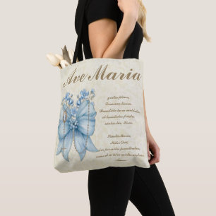 Bolsa Tote Católica Abençoada Mãe Santa Rosário Azul Floral