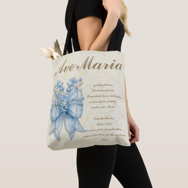 Bolsa Tote Católica Abençoada Mãe Santa Rosário Azul Floral (Close Up)
