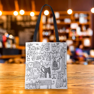 Bolsa Tote Cats Fun Black and White Hand Drawn Art