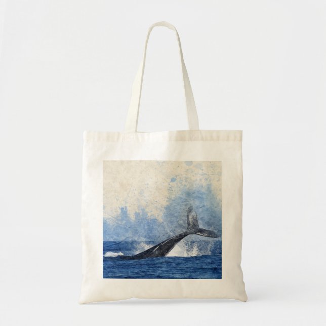Bolsa Tote Cauda de Baleia Azul Espalhando-se no Oceano em Ar (Frente)