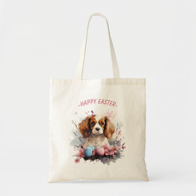 Bolsa Tote Cavalier King Charles Easter Ovos e Flores - (Frente)