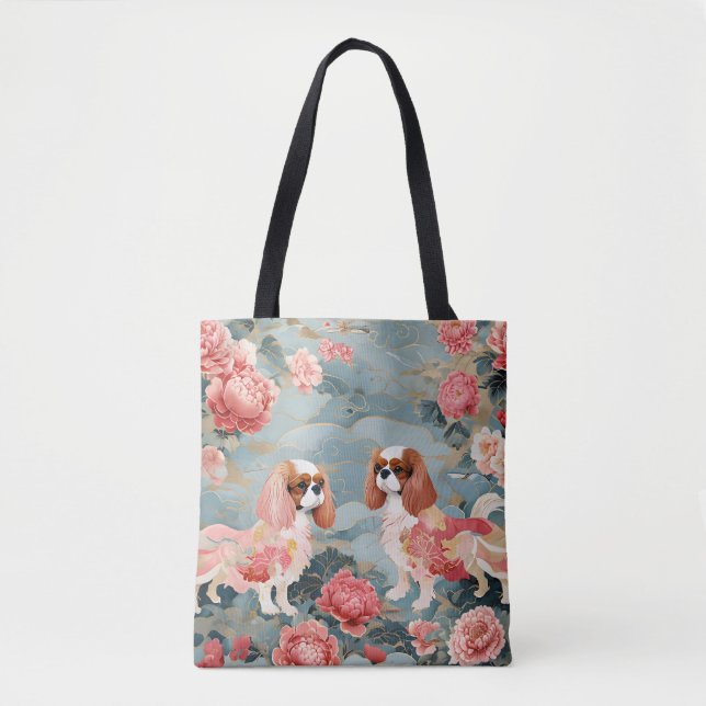 Bolsa Tote Cavalier King Charles Pastel Pink Flowers Waves (Frente)
