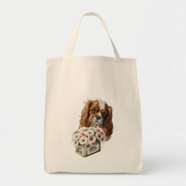 Bolsa Tote Cavalier King Charles Spaniel com Flores (Frente)