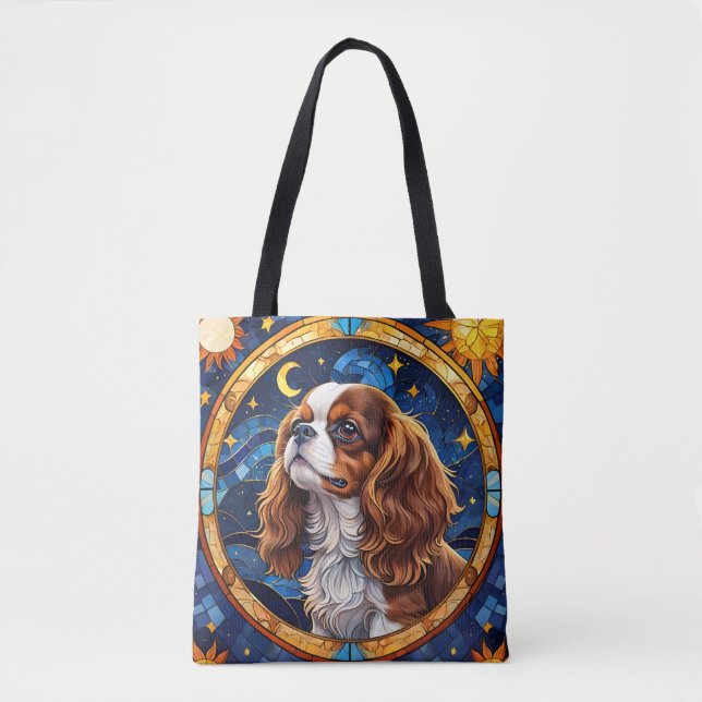 Bolsa Tote Cavalier King Charles StainGlass Night Moon (Frente)