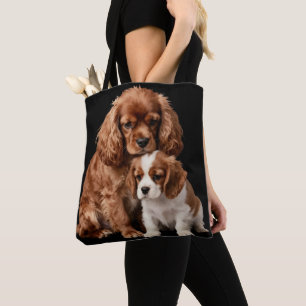 Bolsa Tote Cavalier Spaniel Ruby e seu filhote Blenheim