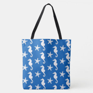 Bolsa Tote Cavalo-da-costa e estrelas-do-mar - branco em azul