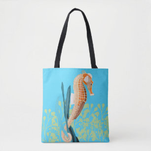 Bolsa Tote Cavalo de mar laranja contra fundo de turquesa
