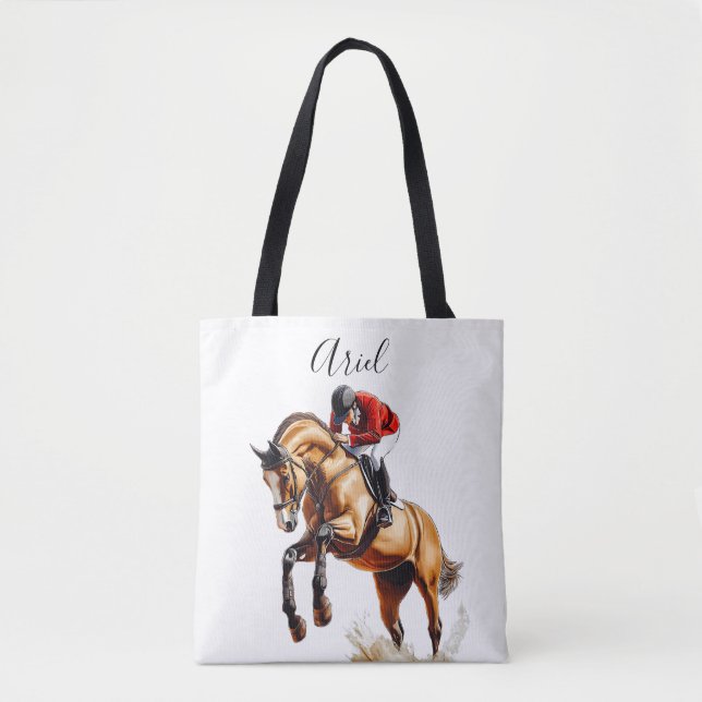 Bolsa Tote Cavalo e Cavaleiro Saltando em Ação Equestre (Frente)