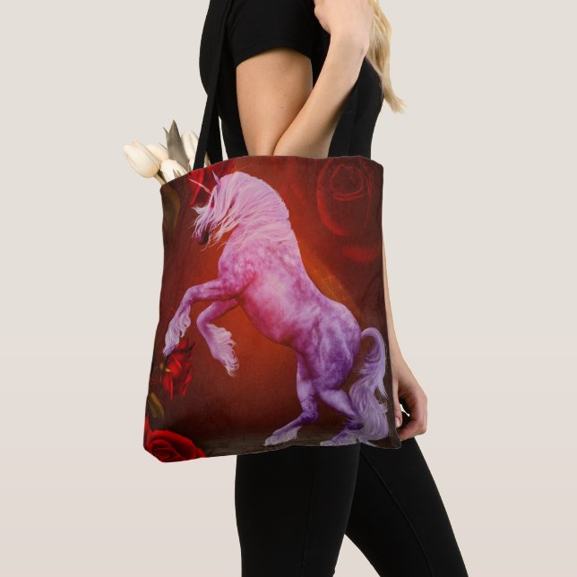 Bolsa Tote Cavalo Fantasia Unicórnio Ardente E Rosas (Close Up)