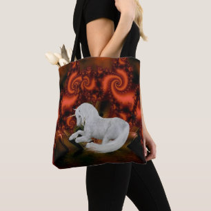Bolsa Tote Cavalo Fantasia Unicórnio Branco Fractais Vermelho