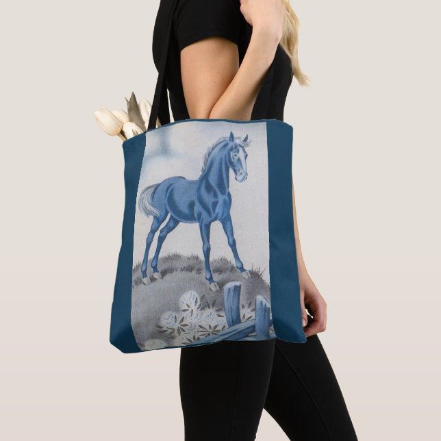 Bolsa Tote cavalo feliz em azul (Close Up)