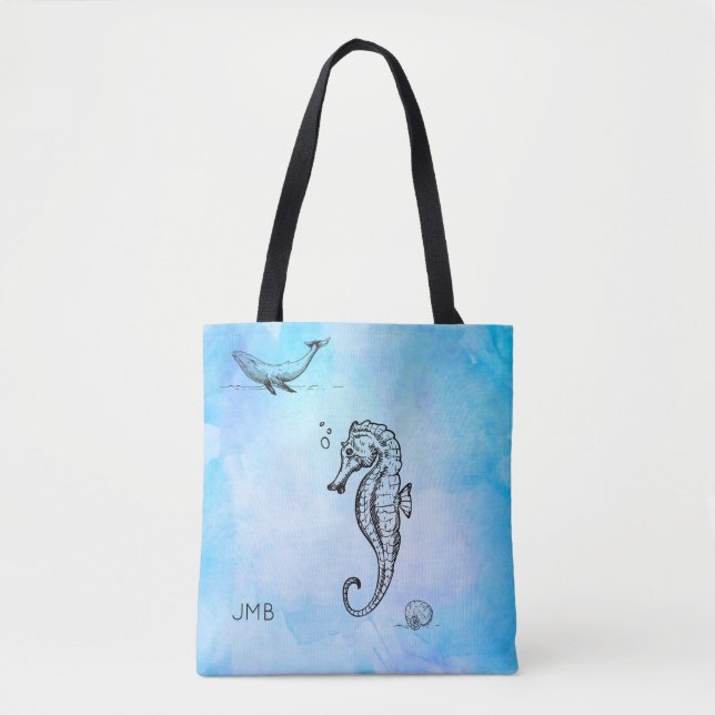 Bolsa Tote Cavalo-marinho, baleia e maruca em azul-aquarela (Frente)