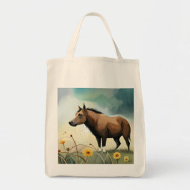Bolsa Tote Cavalo-marinho castanho e fofo no campo floral