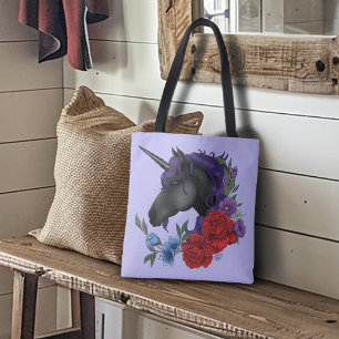 Bolsa Tote Cavalo-marinho Preto Flores do Jardim da Meia-Noit