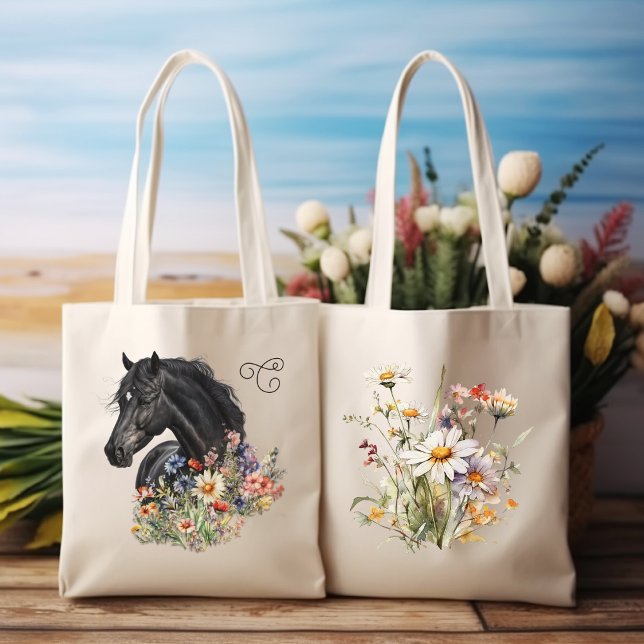 Bolsa Tote Cavalo Negro em Flores Selvagens Monograma (Criador carregado)