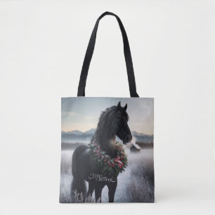 Bolsa Tote Cavalo negro na neve com coroa de Natal