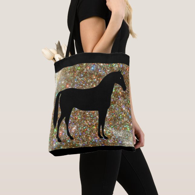Bolsa Tote Cavalo Preto e Dourado com Brilho (Close Up)