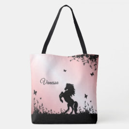 Bolsa Tote Cavalo Preto Empinado com Nome em Rosa