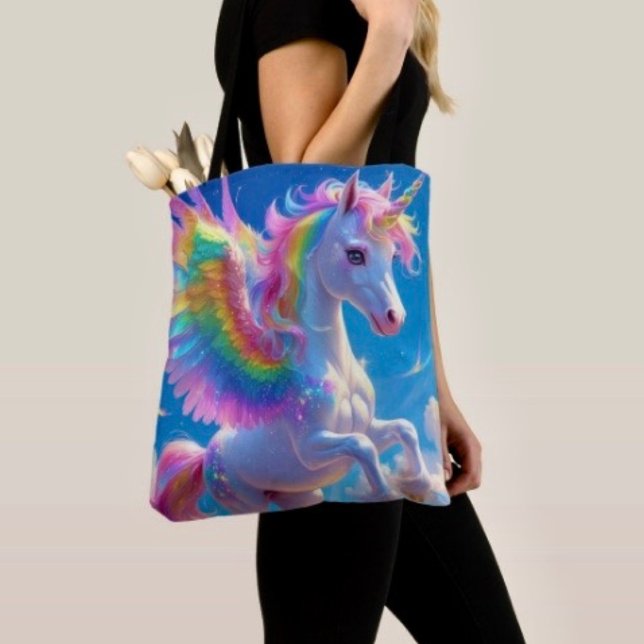 Bolsa Tote Cavalo Unicórnio Dançante com Asas de Arco-íris (Tote Bag — 100% polyester, black laminated lining 100% cotton web hand. Made in the USA.
)