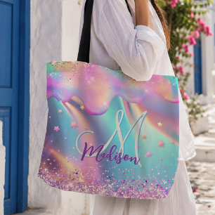 Bolsa Tote Cavalo unicórnio holográfico chic pingando monogra
