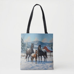 Bolsa Tote Cavalos de Appaloosa Pretos numa Fazenda no invern
