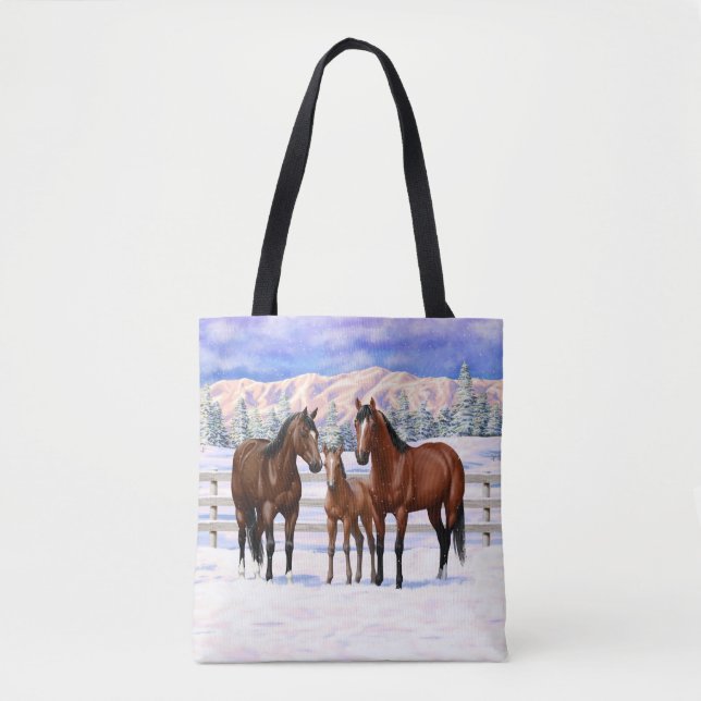 Bolsa Tote Cavalos Do Quarto De Baía De Brown Em Neve (Frente)