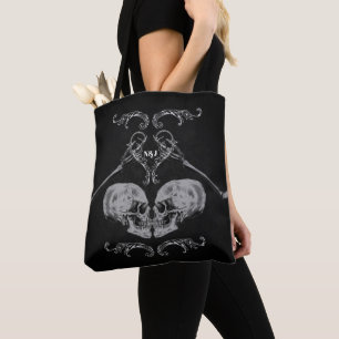 Bolsa Tote "Caveira Apaixonada" Esqueletos Pretos Vintage