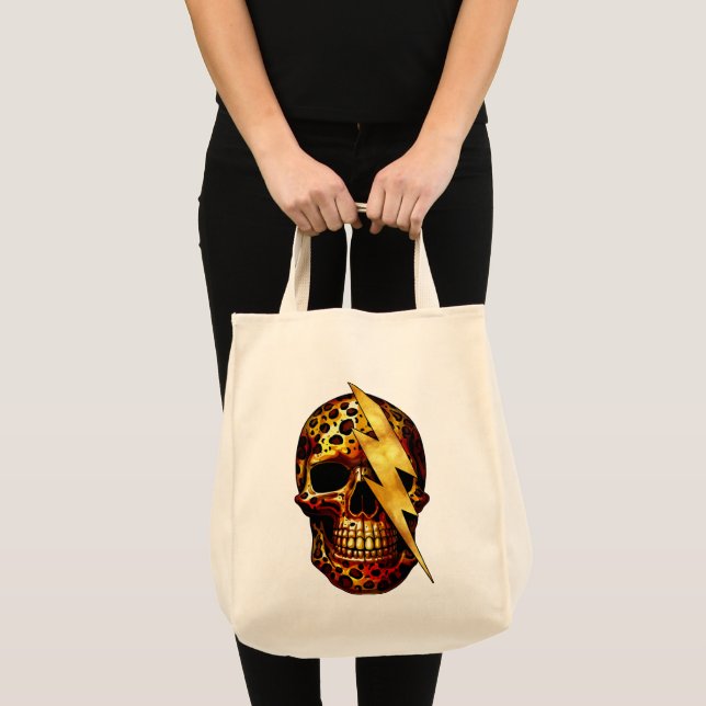 Bolsa Tote Caveira com Estampa de Leopardo e Faíscas Douradas (Frente (produto))