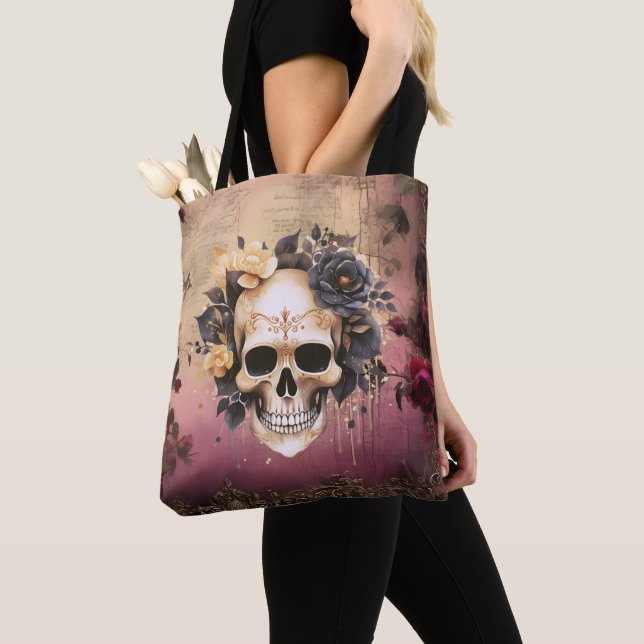 Bolsa Tote Caveira Com Flores Azuis e Douradas Halloween (Close Up)