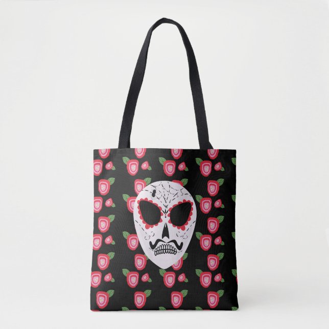 Bolsa Tote Caveira de Açúcar Dia Dos Mortos Rosas (Frente)