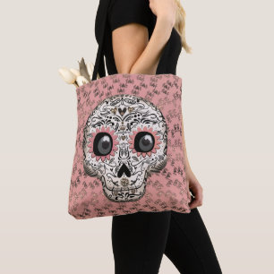 Bolsa Tote Caveira de Açúcar Rosa e Dourada e Corações Capric