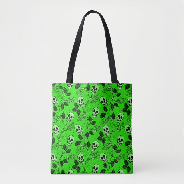 Bolsa Tote Caveira Floral Gótica Verde Neon (Frente)