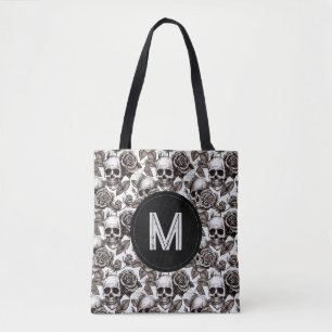 Bolsa Tote Caveira Floral Monograma Preto Branco Halloween