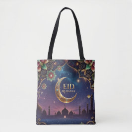 Bolsa Tote Celebração do Eid Al Adha Lua Estrelas Douradas