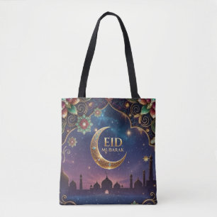 Bolsa Tote Celebração do Eid Al Adha Lua Estrelas Douradas