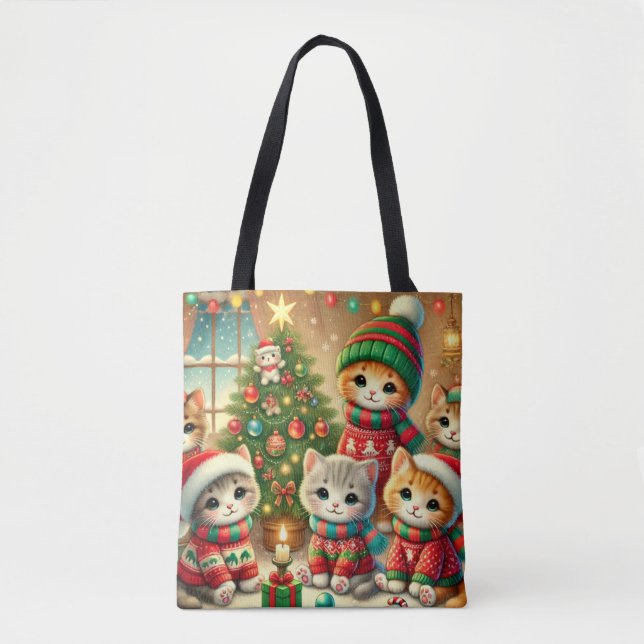 Bolsa Tote Celebração do Gatinho de Natal (Frente)